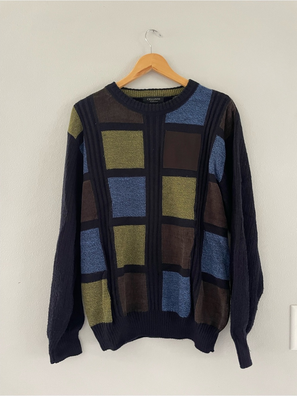 Mens Cellinni Navy Crewneck Sweater with Blue and Olive Blocks